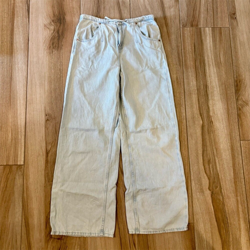 ZARA Girls Jeans Size 13-14 Years Blue Light Wash Wide-Leg Drawstring